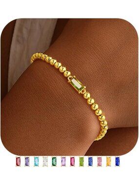 Women's Yellow Birthstone Bracelet 14K Gold Plated Beaded Elastic Dainty Jewelry